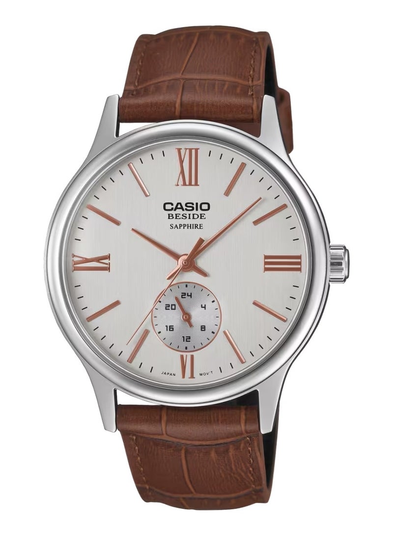 Beside Analog Men's Watch BMS-100L-5AVDF, 47.5mm White Dial, Brown Leather Strap, 50 m WR